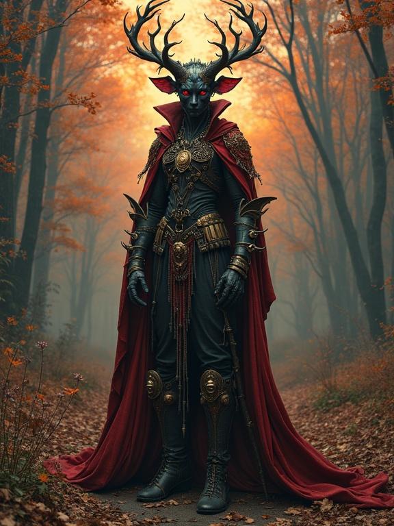 Steampunk ornith in full body view with antlers. Dark forest background filled with autumn leaves. Mysterious and vibrant atmosphere. Detailed costume with ornate elements and metallic accessories.