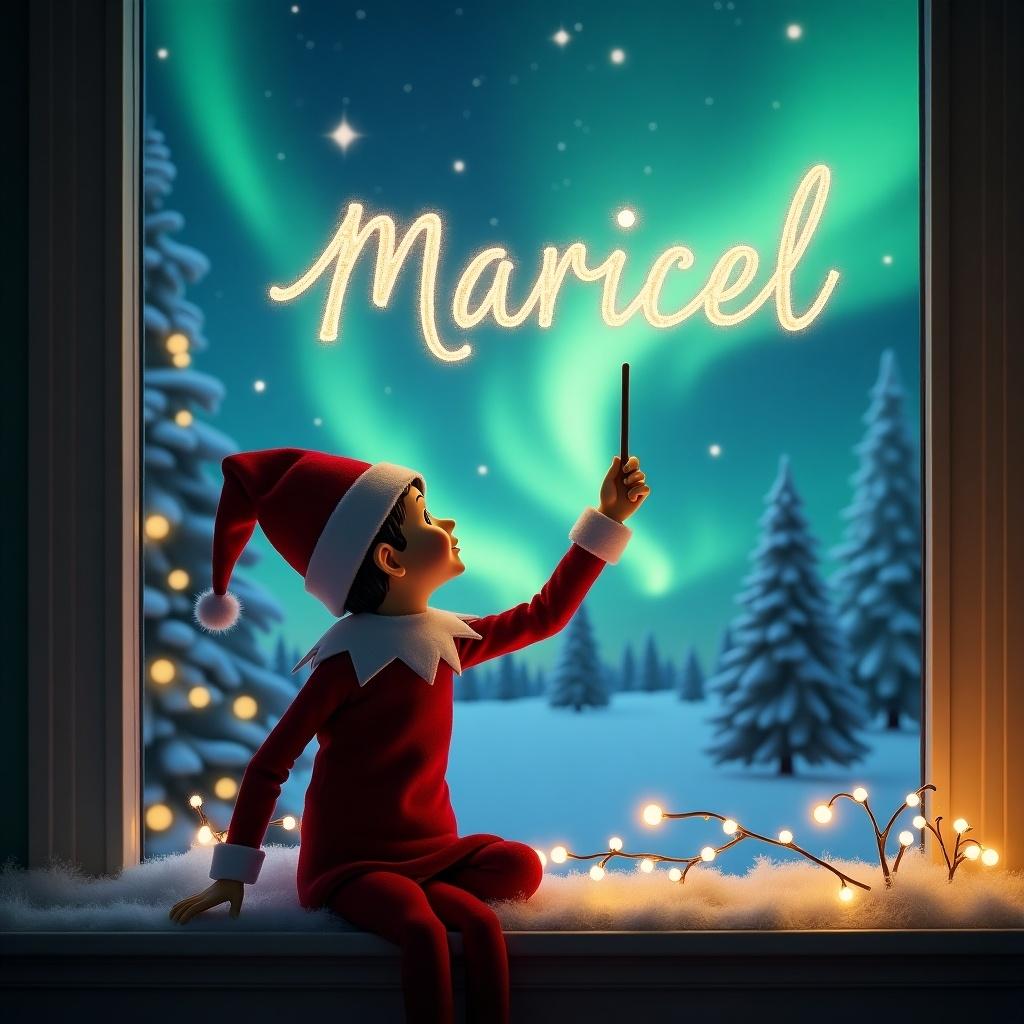 Elf on the shelf faces sky with back to the viewer. Uses wand to write in air. Background features a magical Christmas scene with northern lights and Santa. Name 'Maricel' is written in the sky.