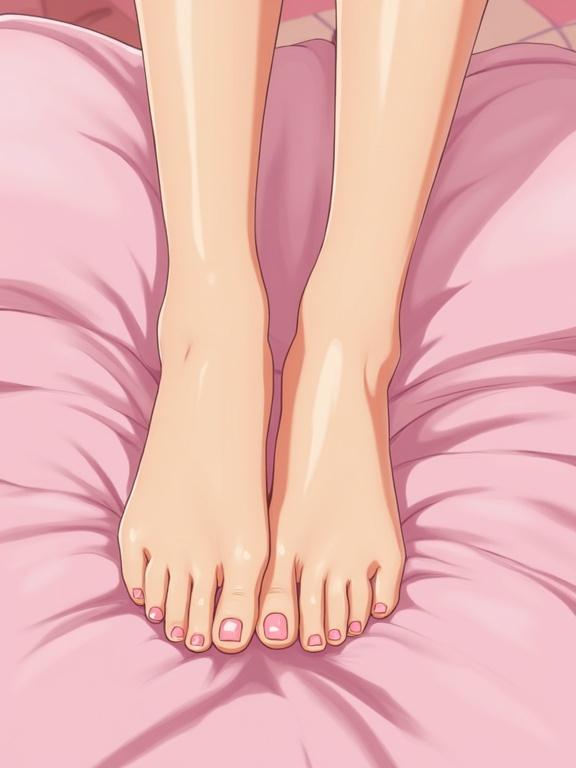 Feet of a girl are displayed on pink bedsheets. Toenails are manicured in a cute style. The setting is cozy and inviting. The focus is on the soles and overall appearance of the feet.