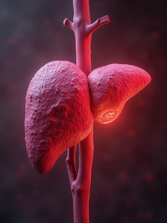 Stylized illustration of a human liver. Elevated to a superhero status. Features glowing elements. Abstract background with dark colors and lights.