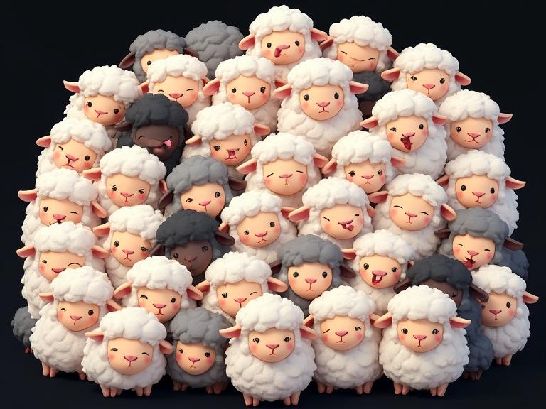 A dense collage of numerous adorable fluffy chibi sheep characters in various colors. A wide range of expressions among the sheep. Big gentle eyes. Isolated on a plain black background.