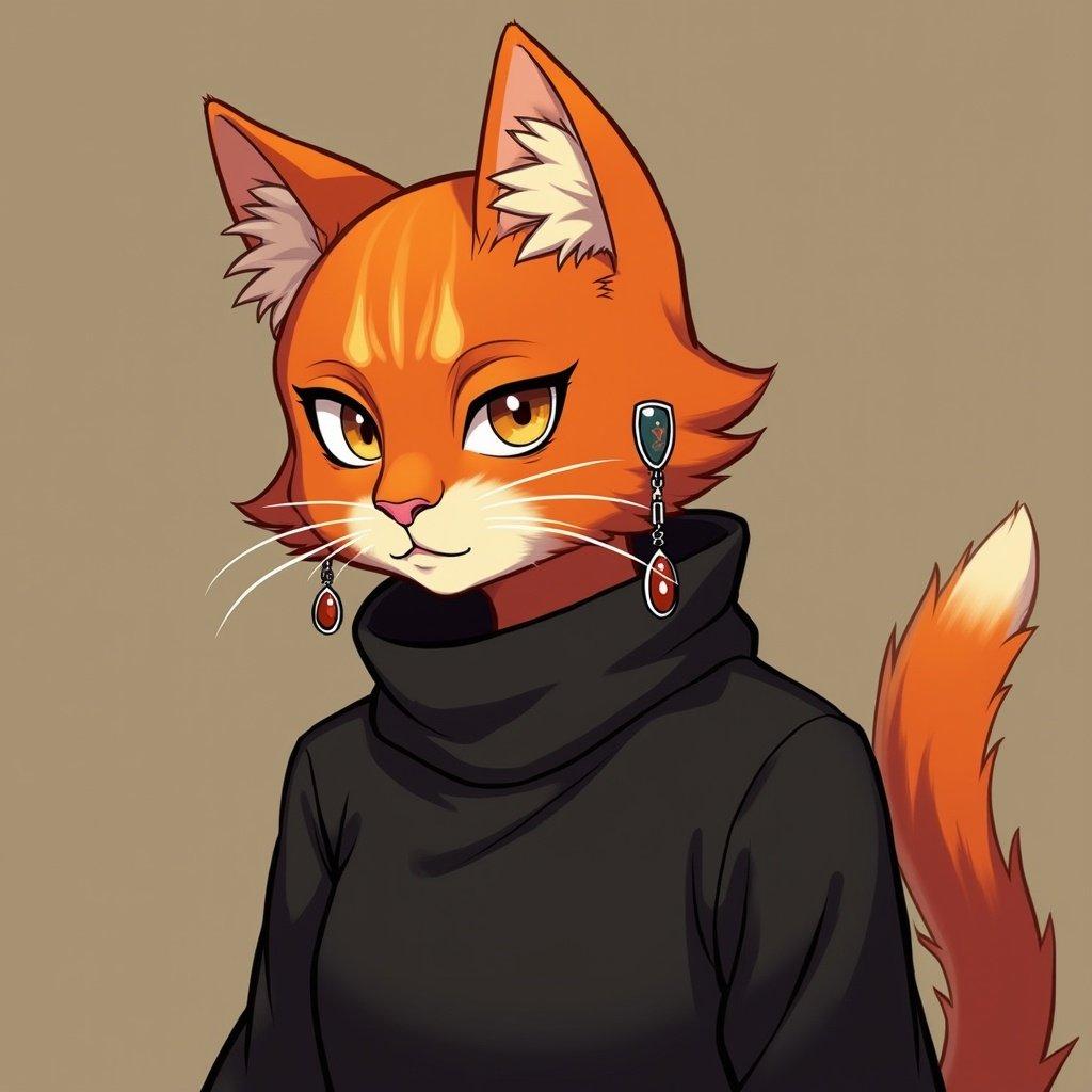 An orange cat character inspired by Arcane. Cat wears black clothing. Cat has back earrings. Expressive eyes and a unique hairstyle.