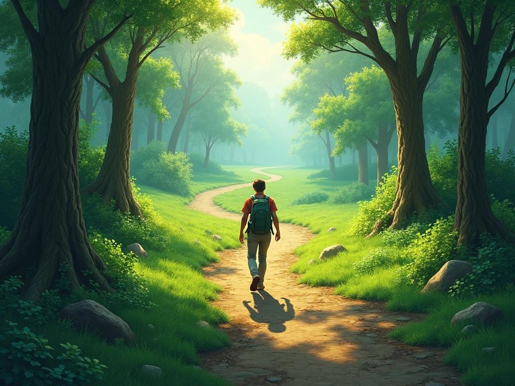 A young person is seen walking on a path in a lush green forest. The sunlight gently penetrates through the trees, creating a serene and inviting atmosphere. The individual carries a backpack, suggesting a journey or adventure ahead. The surroundings are filled with vibrant greenery and soft shadows, enhancing the sense of peace. This image evokes a feeling of exploration and tranquility, perfect for those who appreciate nature and reflection.