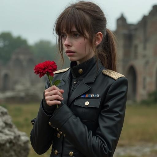 A 16-year-old girl has brown hair in a ponytail. She wears a combat uniform that looks like black leather. In front of her chest, she holds a single red flower. The expression on her face is sad, and tears are present. The setting features the ruins of an old French town in the background.
