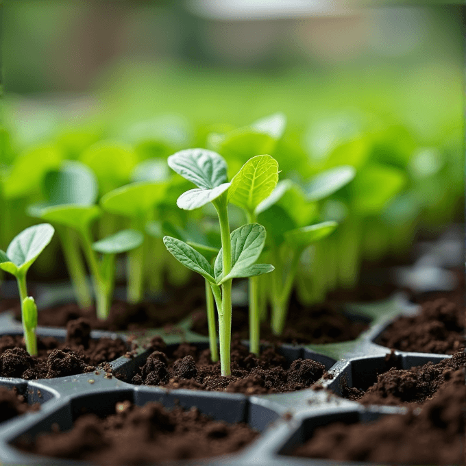 Young green seedlings growing in a tray filled with dark, rich soil, bathed in natural light.