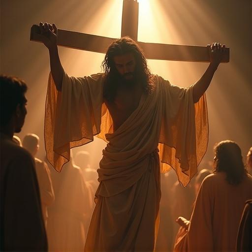 Scene depicting the crucifixion of Christ in a 16:9 aspect ratio. Focus on Christ holding the cross surrounded by figures. Emphasis on lighting and emotional atmosphere.