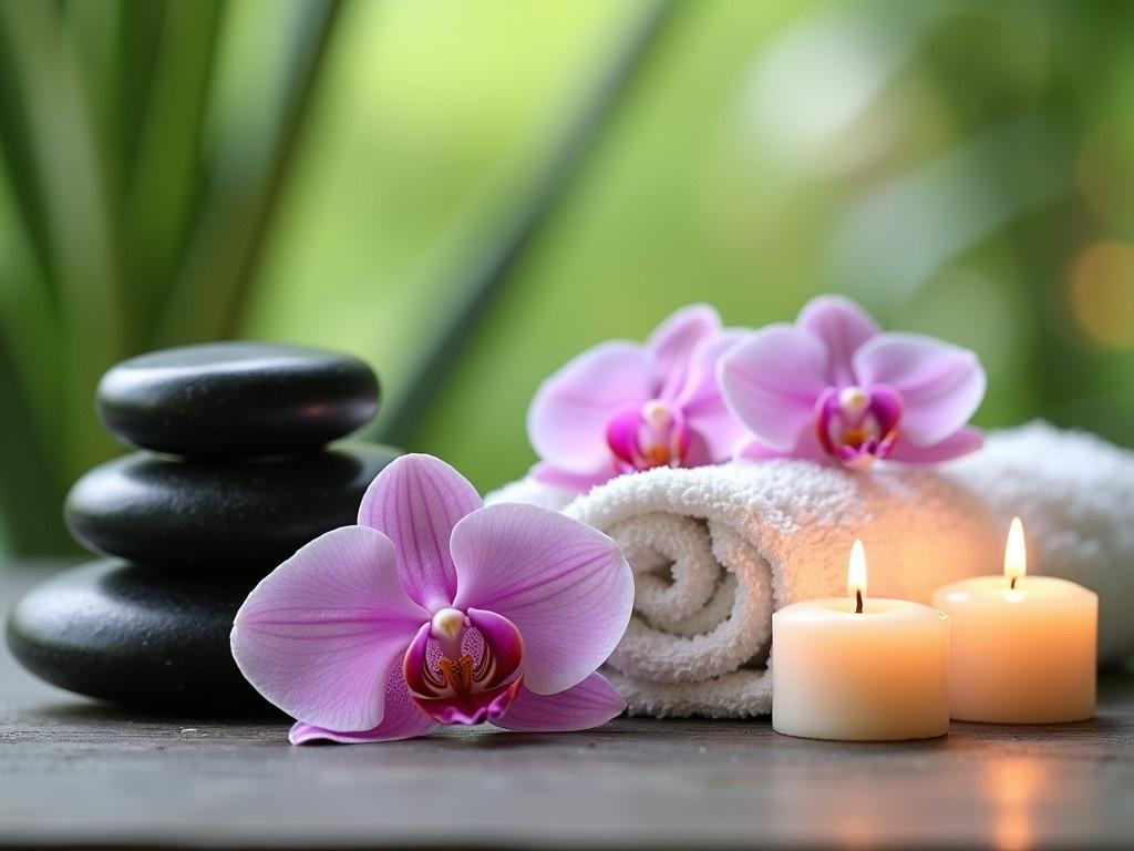 A calming spa setting is depicted in the image. Soft white towels are rolled neatly beside a stack of smooth black stones. The background features delicate pink orchids in full bloom, adding a touch of elegance to the scene. Two lit candles provide a warm, flickering glow, enhancing the relaxing atmosphere. The overall lighting is soft and soothing, creating a sense of tranquility. Green blurred foliage is visible in the background, suggesting a serene outdoor environment. This composition evokes feelings of peace and relaxation.