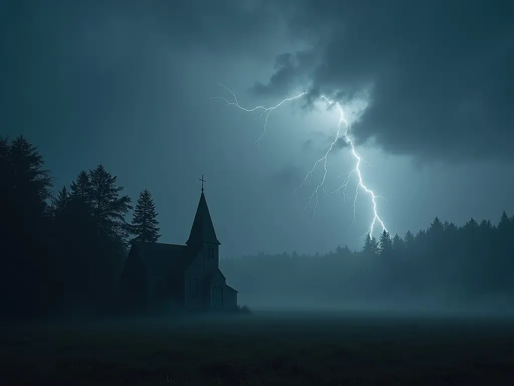 The image captures a stormy night sky filled with dark clouds. A striking bolt of lightning illuminates the scene, revealing a lonely, deserted church in a foggy forest. The atmosphere conveys a sense of mystery and solitude. The church stands prominently against the wild backdrop. Trees surround it, creating an eerie, isolated setting.