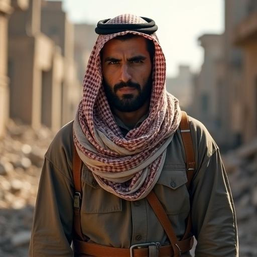 A Syrian revolutionary stands confidently among bombed ruins. He wears a traditional keffiyeh. His body language shows readiness. Dramatic lighting emphasizes the tension around him. His intense eyes reflect strength.