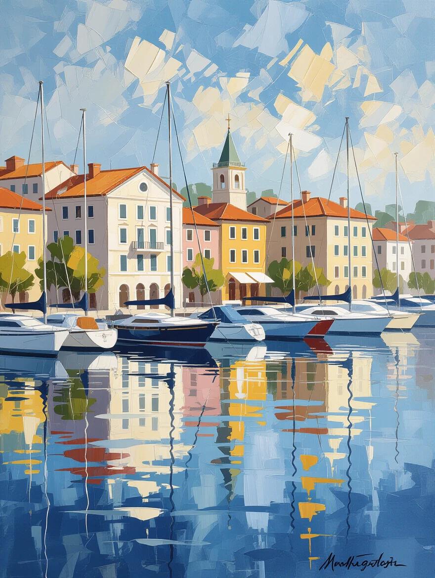 Abstract painting inspired by the tranquility and beauty of the Marina waterfront. Broad brushstrokes and watercolor effects express reflections of sky and water on buildings. Golden accents highlight luxury. Style is soft abstract expressionism.