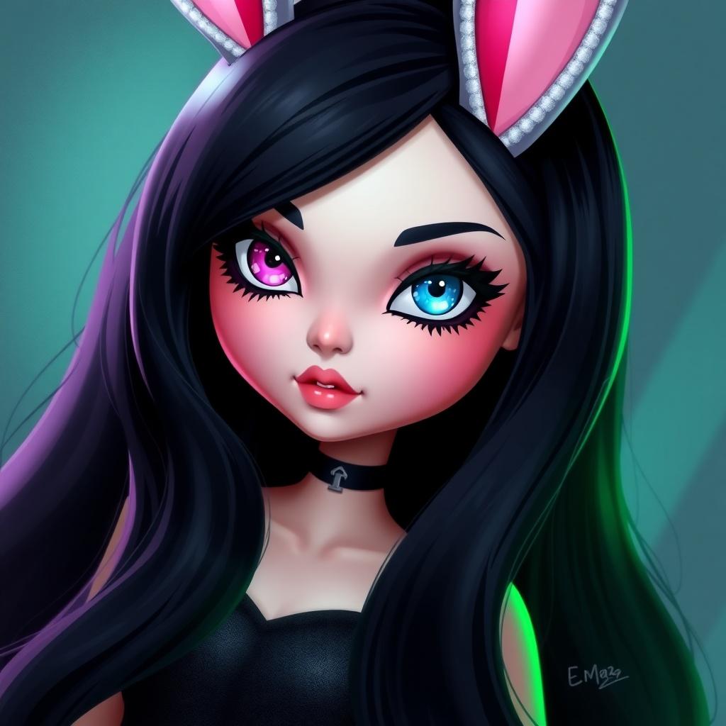 A digital artwork featuring a stylized character with heterochromia, dressed in dark attire, wearing pink bunny ears. The background is a soft gradient, emphasizing the character's distinct eye colors and long black hair.