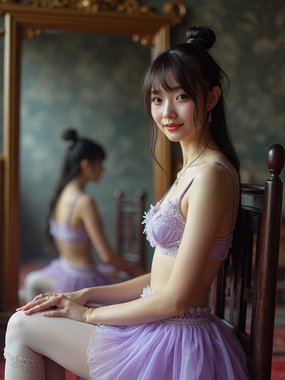Portrait of an Asian girl in a feudal hall. She sits in front of a mirror wearing purple mini skirt and light purple wired bra. Her hair is tied back and she has glossy blue eyes. The image captures a nostalgic early-2000s vibe with visible film grain.