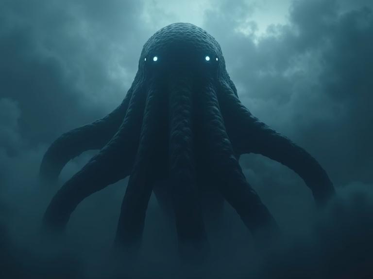 Dark cinematic scene showcasing a large black leviathan creature with a smooth, specular body. Creature has round, pointed head and six glowing blue eyes. Numerous long, shiny tentacles extend from its body, breaching dark clouds at high altitude. Soft reflections and detailed shadows enhance realism. Atmosphere filled with fog, utilizing a dark blue filter. 4K quality and HDR effects.