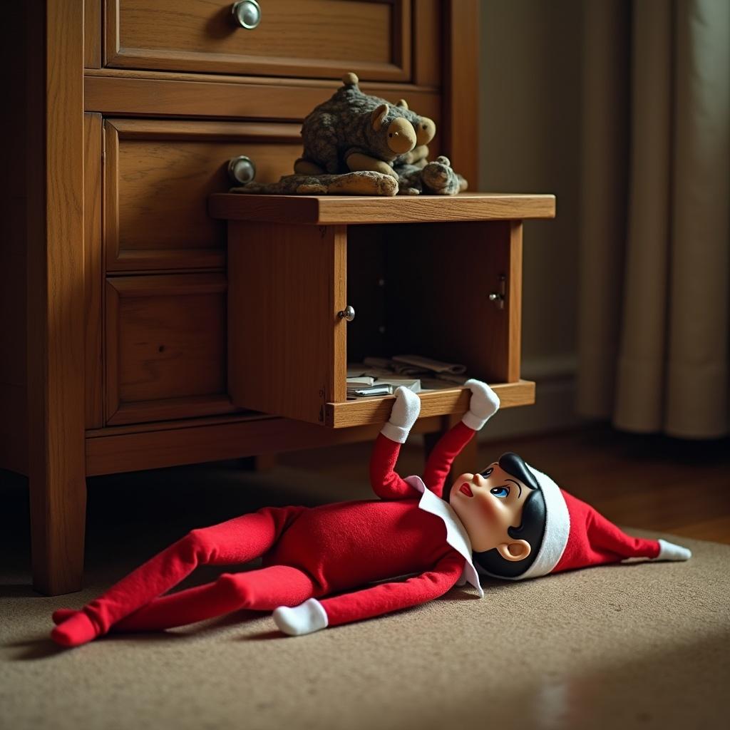 Elf on the shelf lays on the floor, splayed out, with a cabinet on top of him