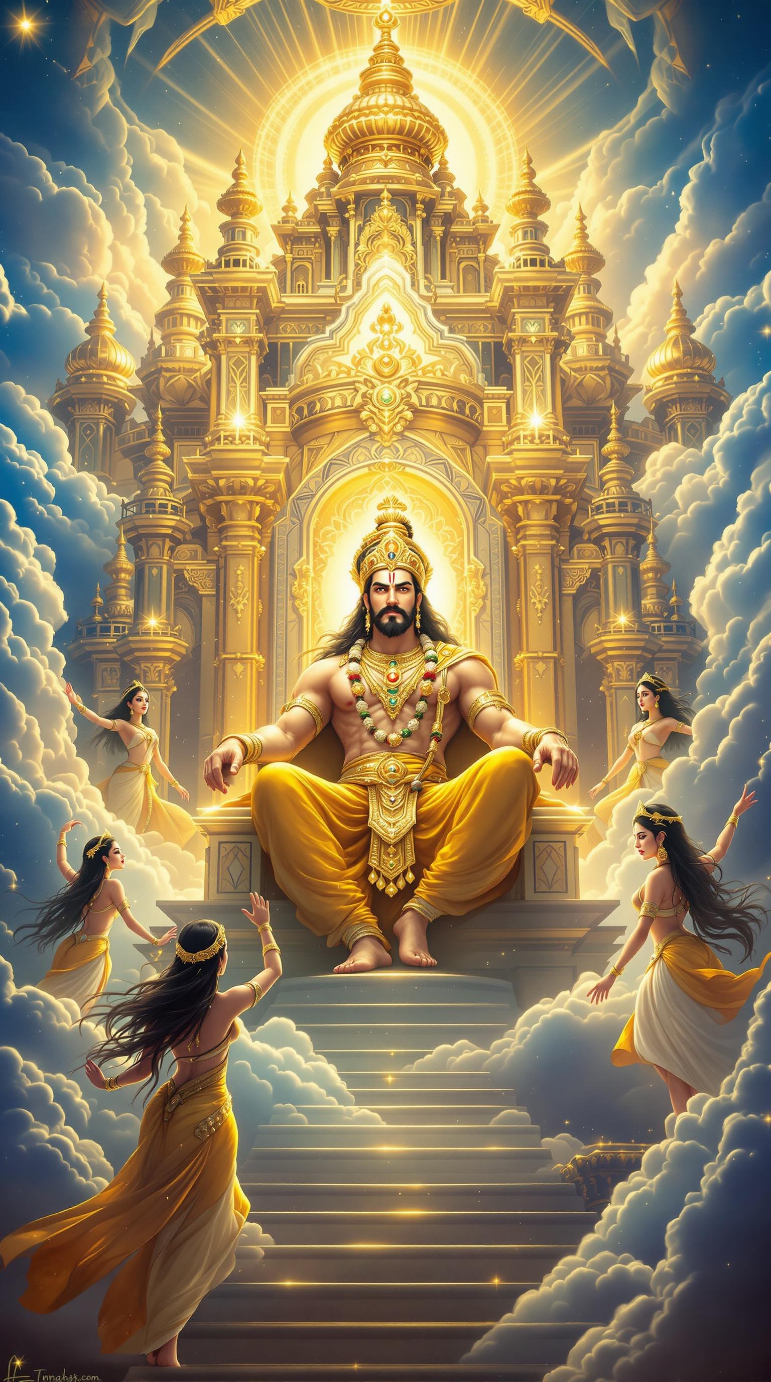 A magnificent celestial palace glows with a radiant golden light. It is surrounded by serene blue and white clouds, creating an otherworldly backdrop. In the center, Indra sits on a grand throne, exuding power and regality. He is portrayed with broad shoulders, a serious expression, and a thick beard. Beautiful apsaras dance around him, with the standout being Urvashi, who captivates with her long black hair and enchanting eyes. She wears stunning golden and white robes that shimmer in the divine light. The entire scene evokes a sense of peace and spirituality.