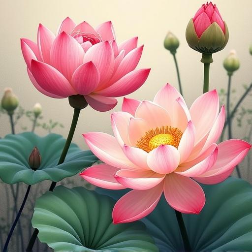 Lotus and peonies depicted in a Chinese artistic style. The composition includes blooming lotus flowers and peonies surrounded by green leaves. Soft and serene background.