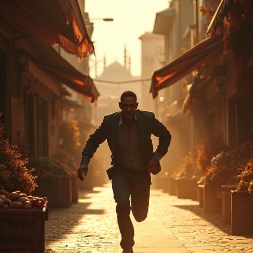 Cinematic frame shows a man jumping over fruit crates in Istanbul. Golden hour light illuminates spice-scented alleyways. Distorted minaret silhouettes in background. Action depicts a sense of pursuit with scattered scarves and strong shadows.