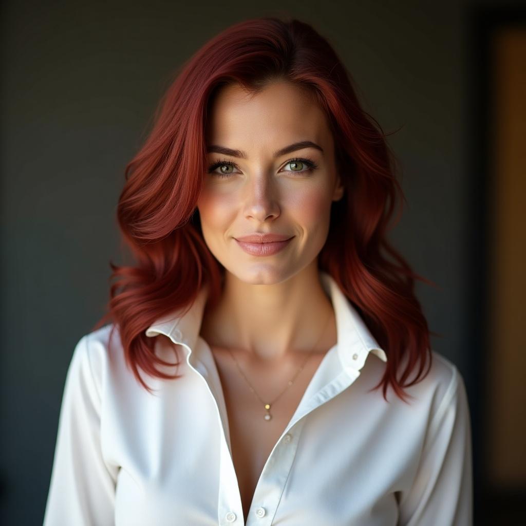 Woman with dark red hair. She wears a white shirt with an upturned popped collar. Expression is friendly and confident.