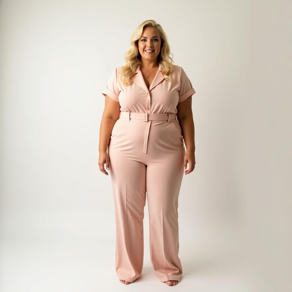 A full-body photograph features a confident plus-size woman with medium to long wavy blonde hair. She stands tall in a chic pastel jumpsuit, exuding grace and style. The background remains simple and minimalistic, allowing her elegance to shine. Soft studio lighting enhances her features and highlights the outfit's details. Her poised posture radiates self-assurance, embodying the ideals of inclusivity and body positivity.