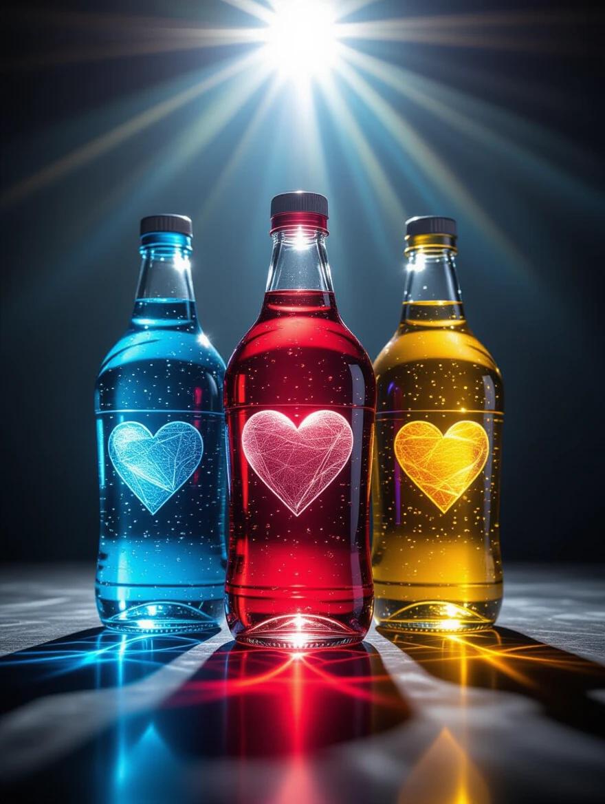 Three bottles each representing love money and health in distinct colors. Blue bottle symbolizes love with a heart design red bottle represents money with a heart design yellow bottle stands for health also with a heart design. The background is dark and moody with a spotlight enhancing the bottles appearance. The image is high-resolution and realistic with detailed visuals.
