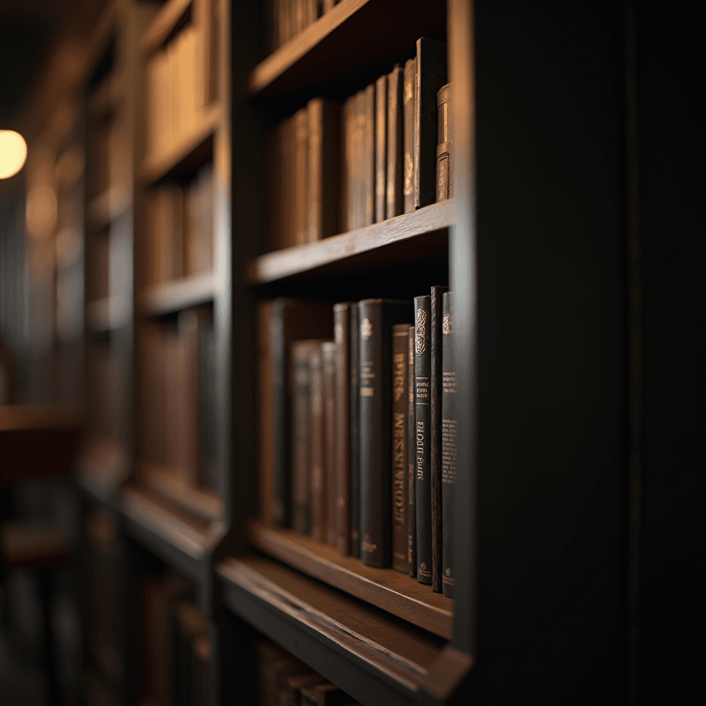 A row of classic leather-bound books in warm, dim lighting on elegant wooden shelves.