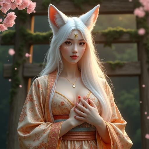 A mid-shot view of a divine fox goddess with golden eyes and white hair. She wears a decorative kimono with moon and star motifs. The expression is calm and vulnerable with golden markings on the face. One hand rests over the heart and the other holds a glowing bell. Cherry blossoms float in the air and a torii gate is in the background. The mood is serene and heartfelt.
