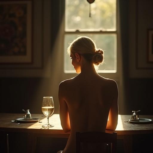 A young blonde woman sits naked at a table in a dimly lit dining room. Sunlight streams through the window, highlighting her figure with warm light. The scene has a cinematic feel with depth of field.