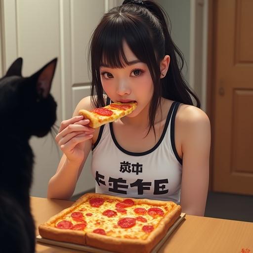 Realistic image of a young Japanese woman in a gym uniform. She holds a slice of pizza toast. The table features a vibrant pizza. A black cat is present watching. Major pop culture references included. Long attention to detail and vibrant colors used.
