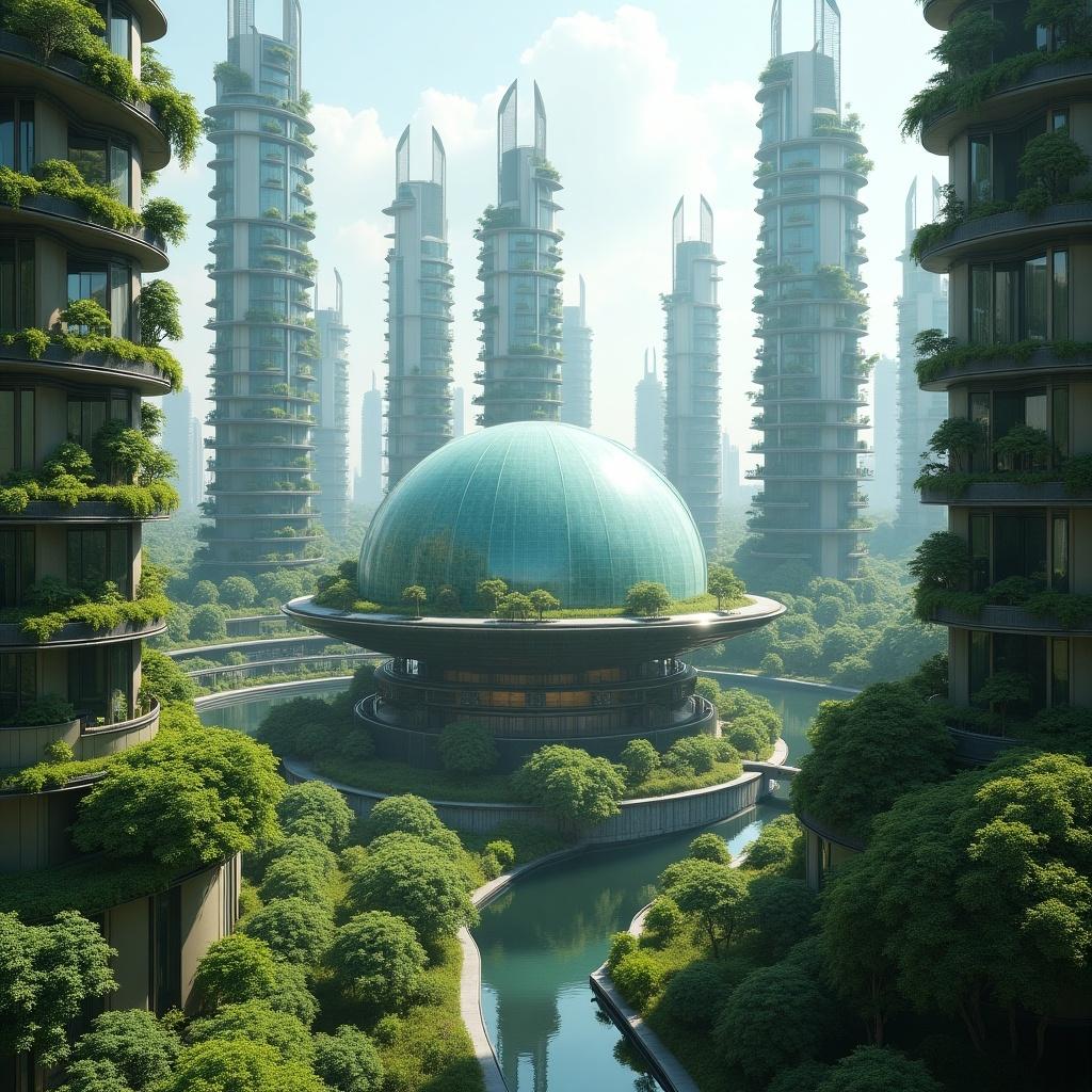 Futuristic city with a big glass dome center surrounded by tall buildings. Integration of plants and smart technologies features prominently.
