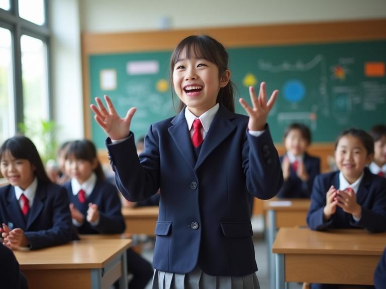A cheerful Asian girl around 10-12 years old gives a lively speech in a brightly lit classroom. She wears a navy blue blazer a white shirt and a red tie with a pleated skirt. She stands at the front gesturing with her hands. The classroom is spacious with large windows wooden desks and a chalkboard with notes in the background. Other students in uniforms are seated listening and clapping. The atmosphere is warm and inspiring.