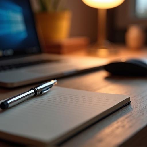 Close-up of a professional working desk. The desk has a laptop open. A notebook is positioned with a pen beside it. A sleek microphone is also on the desk. Warm ambient lighting gives a cozy feel. Minimal clutter is present. Shallow depth of field highlights details on the desk surface.