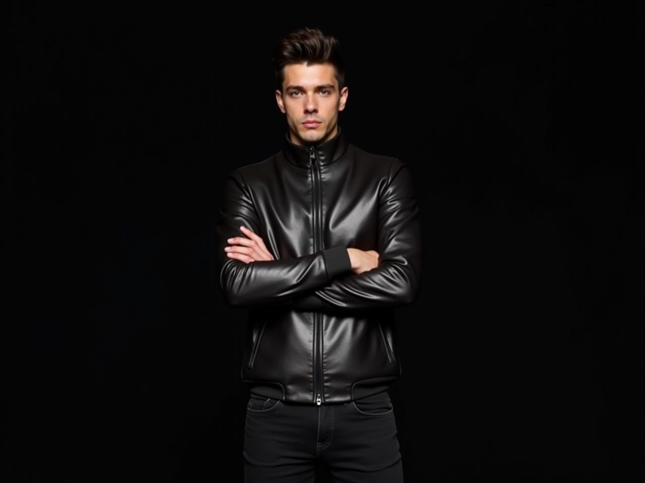 The image shows a person in a sleek, shiny jacket with a zipper, standing with arms crossed. The background is dark, creating a contrast with their outfit. The individual appears to have a modern hairstyle. Their face is obscured, preventing any clear identification. The overall style is artistic, giving the image a stylized look. The pose suggests confidence or assertiveness, common in promotional or portrait photography.