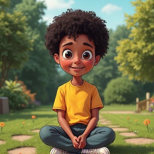 A young boy with curly hair wearing a yellow shirt and sitting cross-legged in a garden filled with flowers