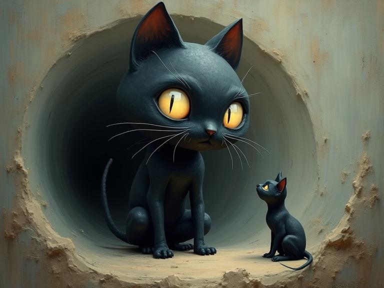 Surreal 3D whimsical painting featuring a large black cat with elongated forms and exaggerated proportions. The cat has large glossy eyes gazing at a black hole. Soft blended textures create a muted and dreamlike background. The atmosphere feels eerie yet playful with subtle shading and delicate highlights from painterly brushstrokes.