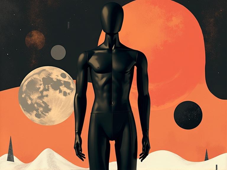 Black mannequin with no face stands in plain attire. Abstract shapes in the background evoke outer space. Use of bold colors and clean negative space. Surreal and emotive composition creates a high-concept visual storytelling.