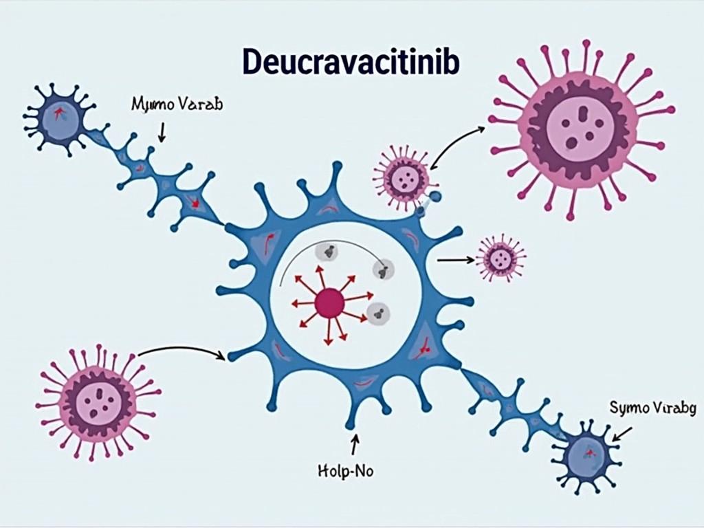 create a scientific illustration of Deucravacitinib depicting cellular interactions with labeled elements