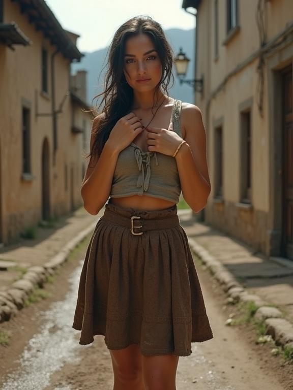 Young woman in a tank top and miniskirt standing on a dirt road. Curvy figure with dark hair and tanned skin. Happy and shy expression. Street lined with old buildings in Eastern Europe.