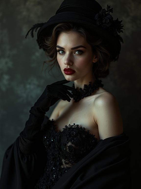 Moody, high-contrast image evoking opulence of Belle Époque. Cinematic compositions feature intimate lighting. A mysterious subject with porcelain skin, dark eyebrows, sultry lips, adorned in lavish black attire. Dark background with textures, shallow depth of field captures essence of luxury and seduction.