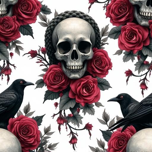 Design seamless pattern with gothic skulls roses and ravens. Dark ink style with muted reds black silver tones. Symmetrical repeating layout. Transparent background. Edgy romantic aesthetic.