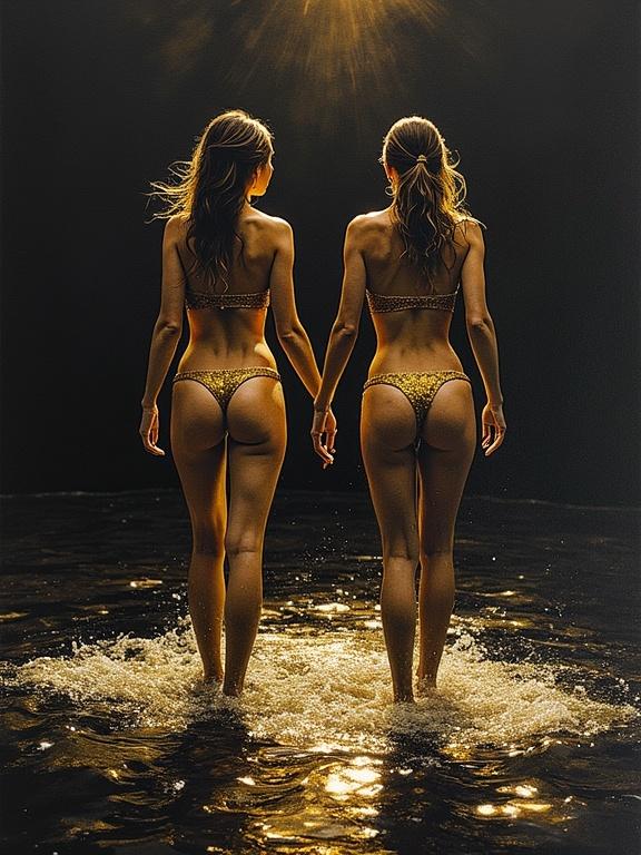 Image features two figures in water with a burnished gold effect. Artwork resembles watercolour style using ink on a dark canvas. Depicts bikini-clad women wading into the sea.