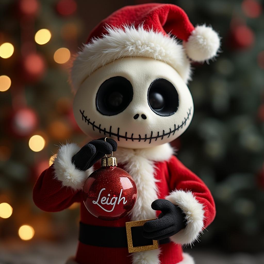 Jack Skellington in Santa outfit holding a bauble with name Leigh