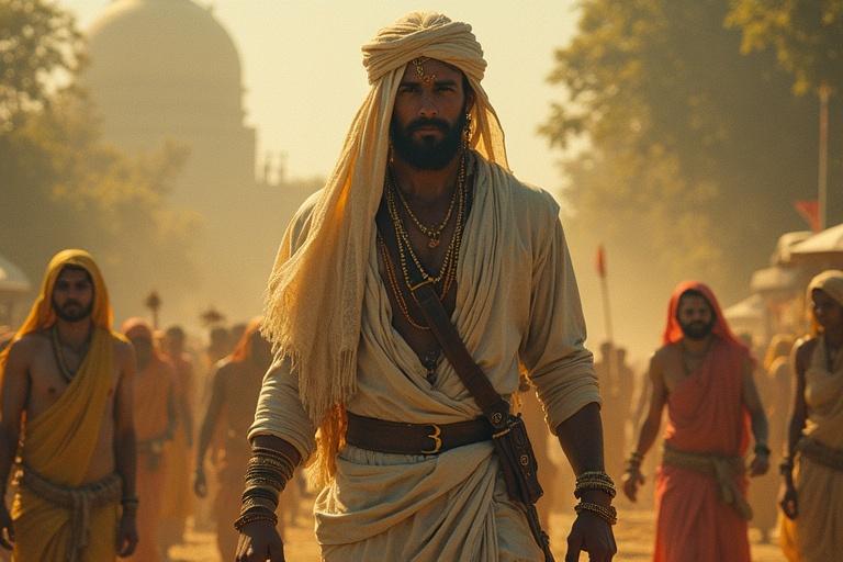 A scene depicting a man in traditional attire walking among a crowd in Bihar during a cultural festival. Individuals dressed in traditional garments add to the atmosphere. The environment suggests a warm, sunny day with historical monuments in the background.