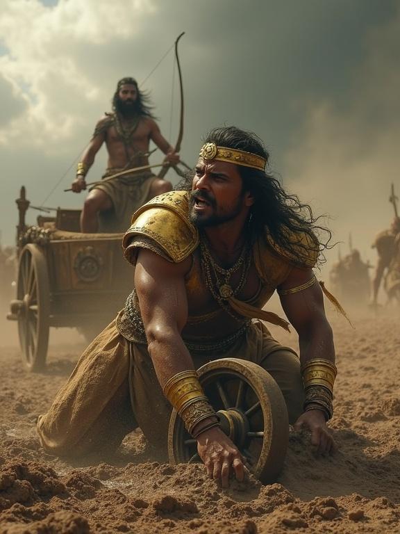 Dramatic mythological battlefield scene shows Karna’s golden chariot stuck in muddy earth. Chariot wheel is sunk into cracked, blood-soaked battlefield. Karna in dirt-covered golden armor has jumped down trying to lift wheel with both hands. His muscles strain, veins bulge, sweat on forehead. His crown is tilted, hair is loose and dusty. His expression shows desperation and pain. He looks up at stormy grey sky, crying out. Behind him, Arjuna stands on his chariot with bow raised but hesitating. Battlefield filled with broken weapons, fire embers, silence, haunting wind in air. Moment frozen in divine silence, spiritual tension in atmosphere. Cinematic lighting, emotional realism, Indian epic art style, focus on Karna's emotional face and dramatic environment.
