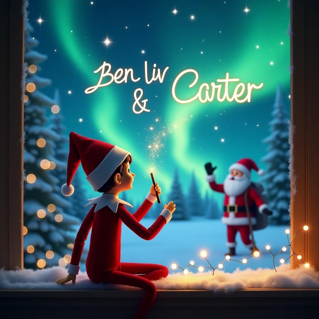 An enchanting scene featuring an Elf on the Shelf with his back to the viewer, facing a shimmering sky. The elf is using a wand to elegantly write the names Ben, Liv, and Carter in the sky. The backdrop showcases a breathtaking magical Christmas ambiance, with vibrant northern lights illuminating the night. In the distance, Santa Claus can be seen, adding to the festive charm. Soft white snow covers the window sill, creating a cozy atmosphere. Surrounding trees are adorned with delicate lights, enhancing the holiday spirit.