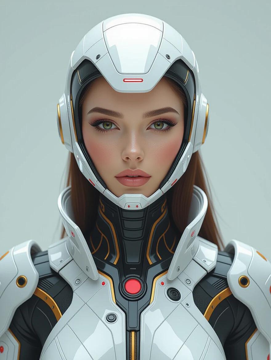 Futuristic woman wears intricate armor. Armor combines light gold and magenta with dark cyan details. Portrait features realistic design with machine-like forms. The artwork is hyper-detailed with clear focus on the attire.