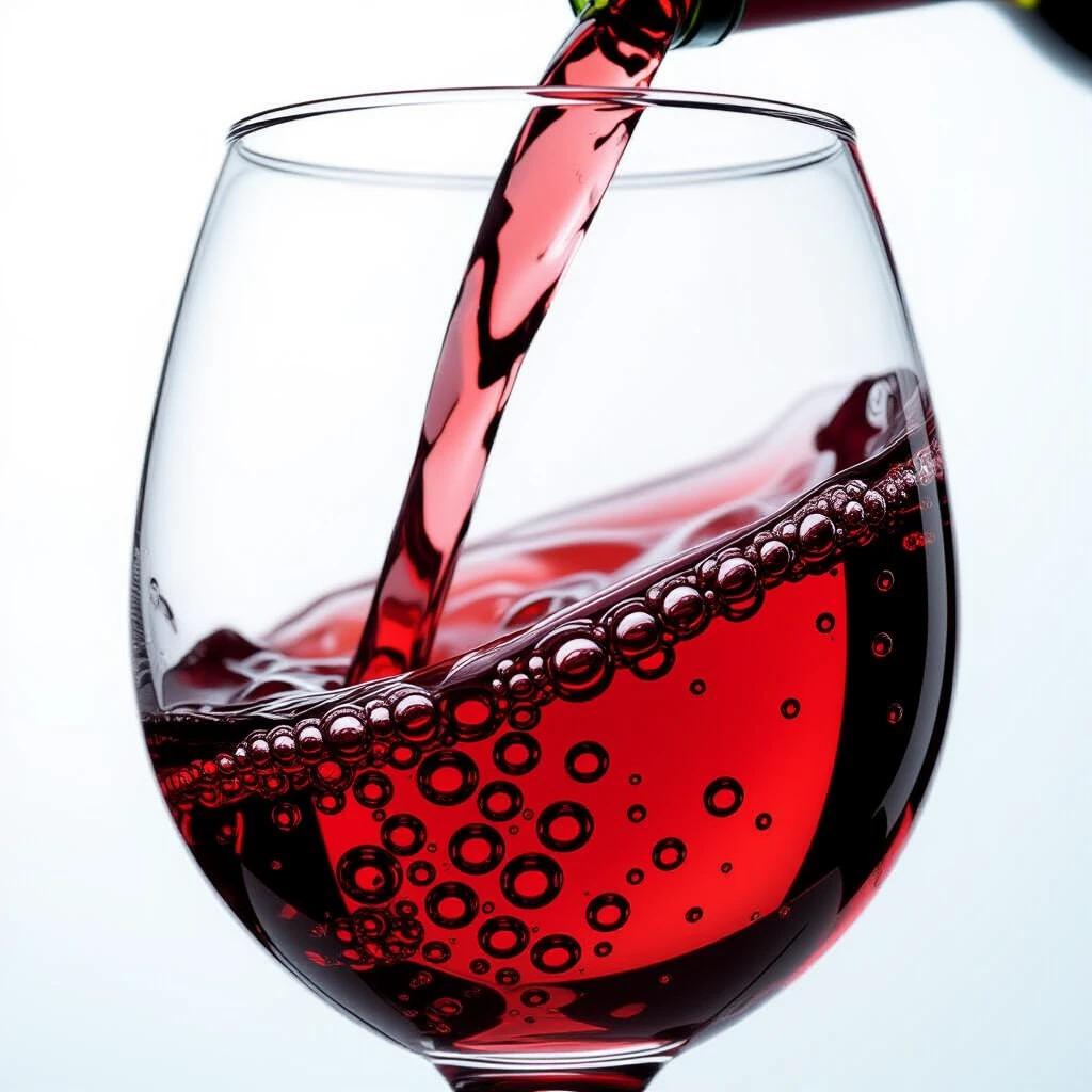 Full glass of wine filled to the rim. No air in the glass. Wine about to overflow. Transparent glass with bubbles visible.