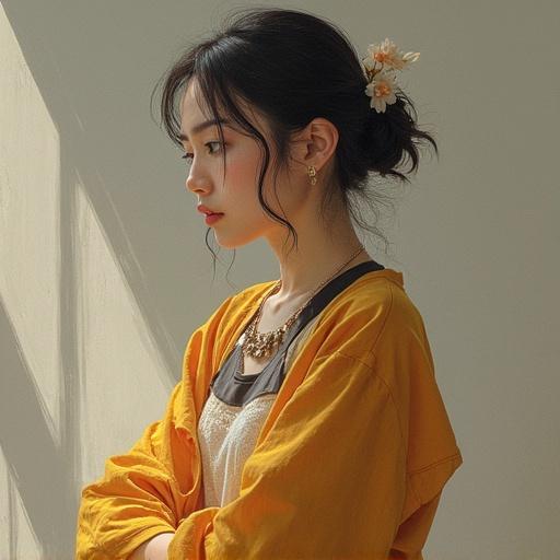 Profile of a young woman with long hair gathered in a bun adorned with a flower. She wears a casual outfit with a warm color. The setting has soft natural light highlighting her facial features.