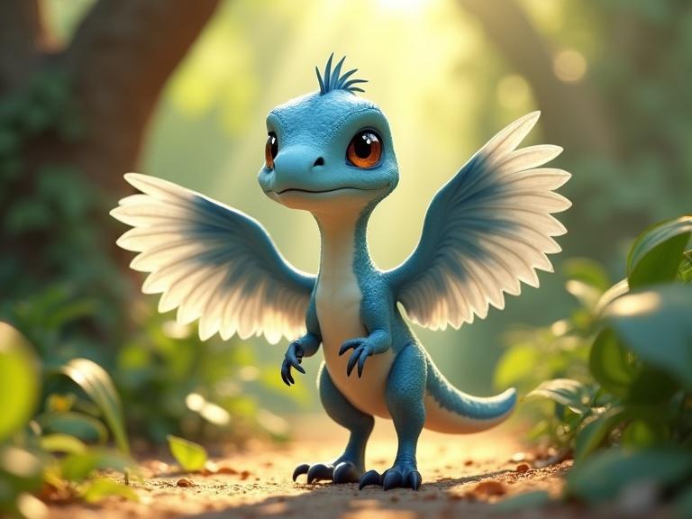 A small and adorable Microraptor dinosaur stands in a bright prehistoric jungle. The Microraptor is covered in soft feathers with fully integrated wings. Its arms have white and smaller blue feathers. The long tail has a flat fan of feathers. The round head has large amber eyes and a small beak. The jungle is lush with towering trees and sunbeams. The style is Disney 3D animation with soft lighting and warm colors.
