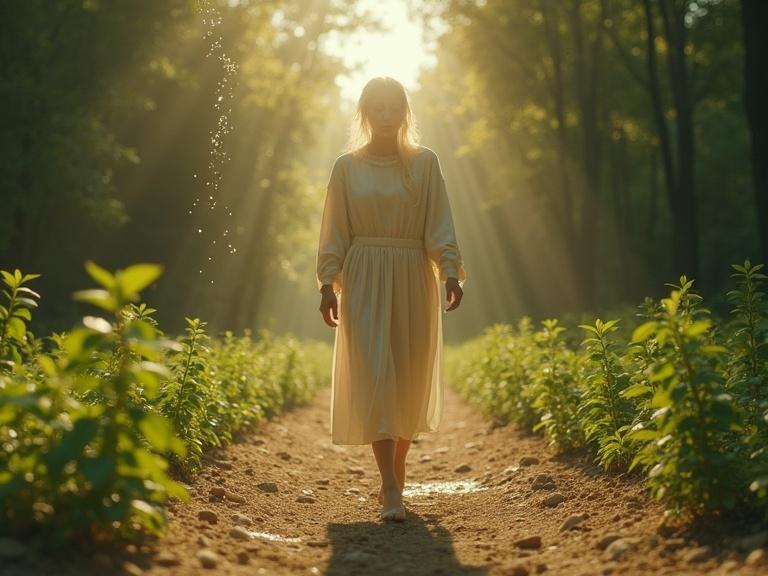 A hyper-realistic and deeply symbolic cinematic art piece. A luminous figure walks with open palms. From their hands fall drops of clean water that sprout small green plants upon touching the dry ground. This symbolizes bringing life and grace. The scene is cinematic, realistic, and highly detailed.