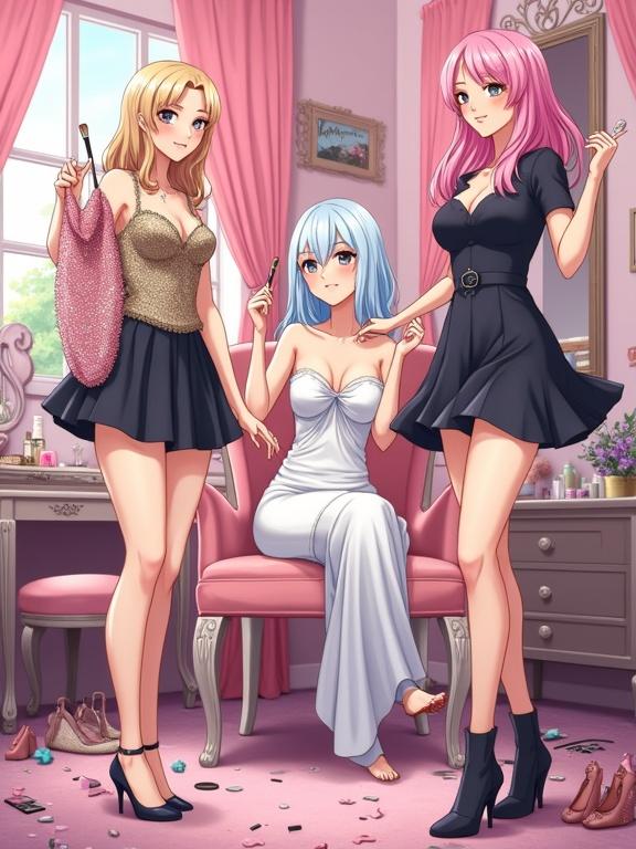 Scene in a chic feminine bedroom with pastel decor and a cluttered vanity. Two confident women in stylish outfits hold a sparkly dress and a makeup brush, smirking. A blushing crossdresser sits on a chair, half-transformed with makeup and a towel. Surrounding scattered outfits and accessories create a glamorous yet coercive atmosphere. Anime style.